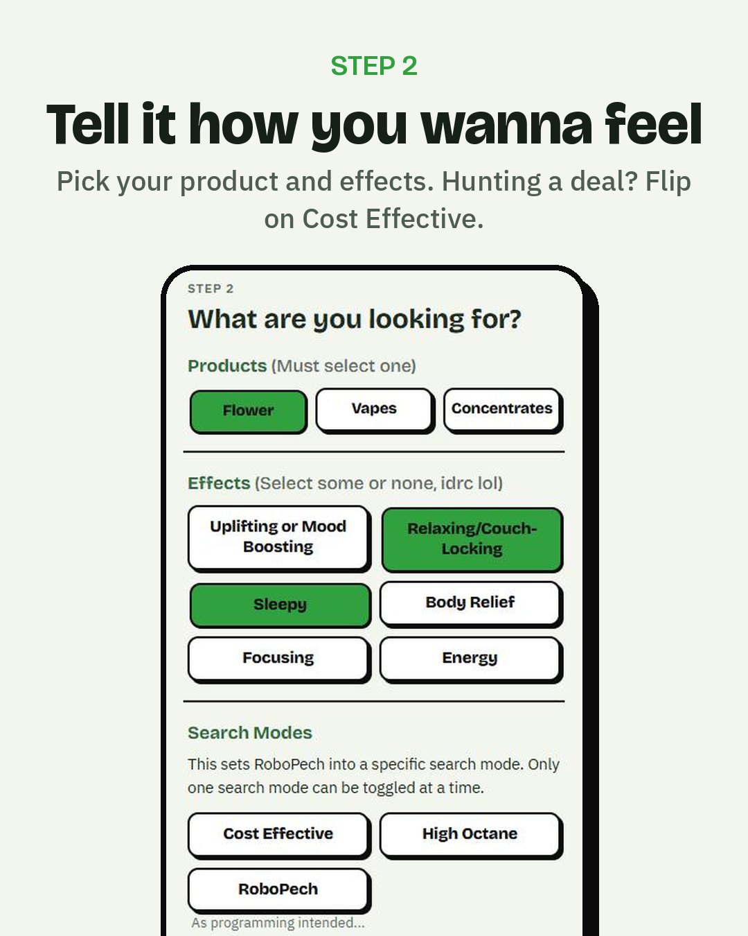 Step 2: pick your product, the effects you want, and a search mode